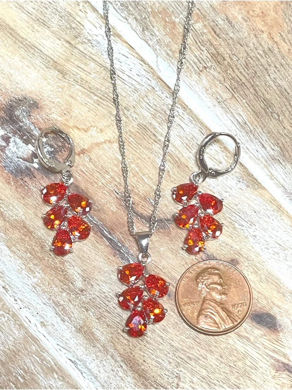 Sterling Silver Teardrop Crystal Necklace w Deep Orange Faceted Crystal Stones